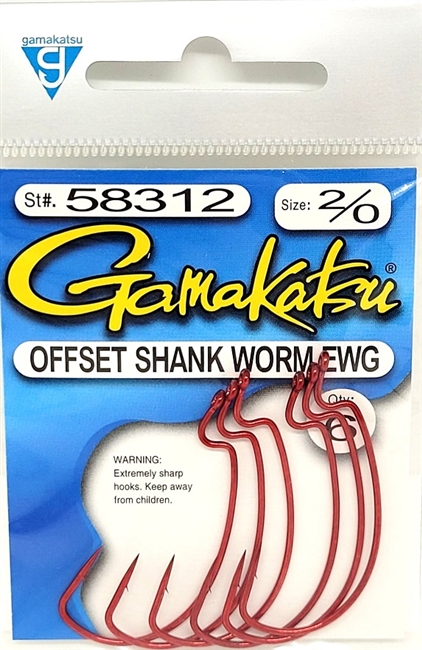 Gamakatsu Offset Shank Worm/EWG Size 2/0 Red Fishing Hook - 6pk